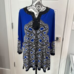JM Collection Top Womens 2X Blue Beaded V-Neck Blouse Stretch Ladies